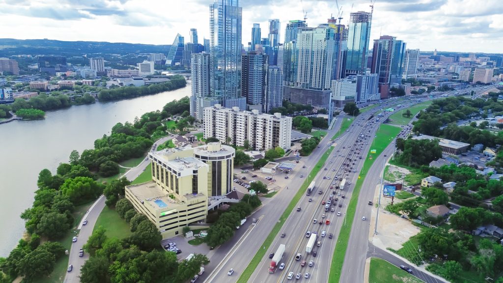 Interstate I-35 Monarch Highway peak hour busy traffic North of downtown Austin, Texas