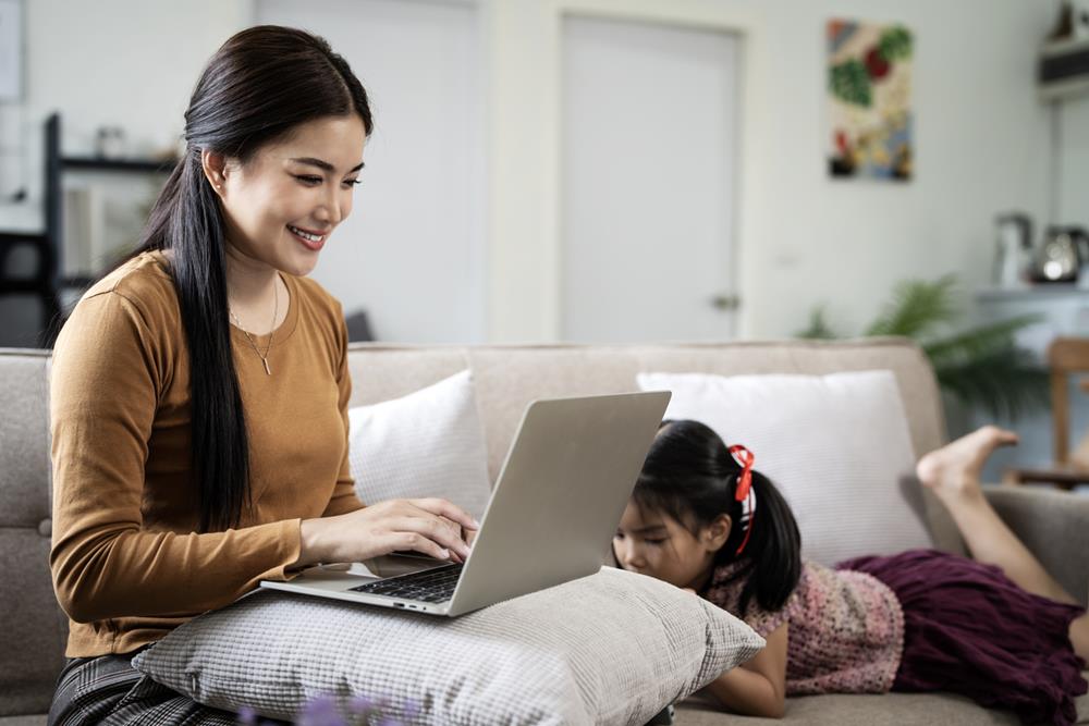 A young mom working from home