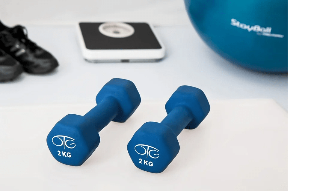 gym weights, exercise shoes, yoga ball, weighing scale