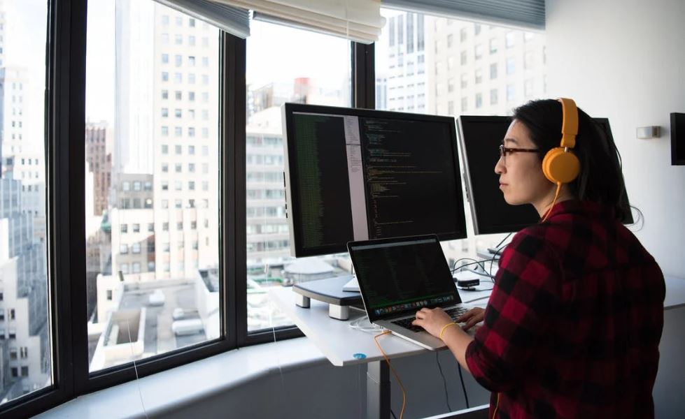 Woman wearing headset