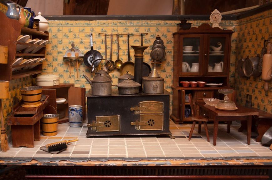 a kitchen with rusty utensils, and kitchen wares